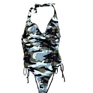Women's Camo Unlined Wireless One Piece Tie Neck Swimming Suit Size Large